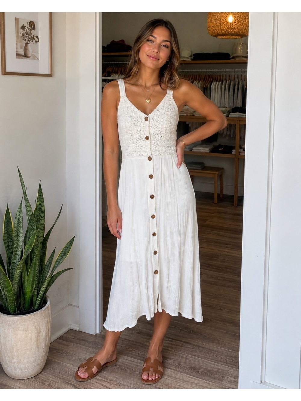 Jessica Simpson White Crochet Button Midi Dress โ Size L